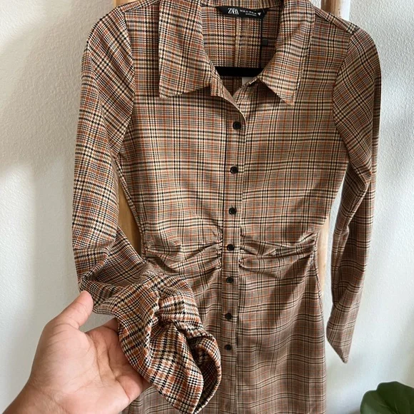 Zara Plaid Brown Terracotta Ruched Mini Button Down Collard Dress NWT - Picture 4 of 6